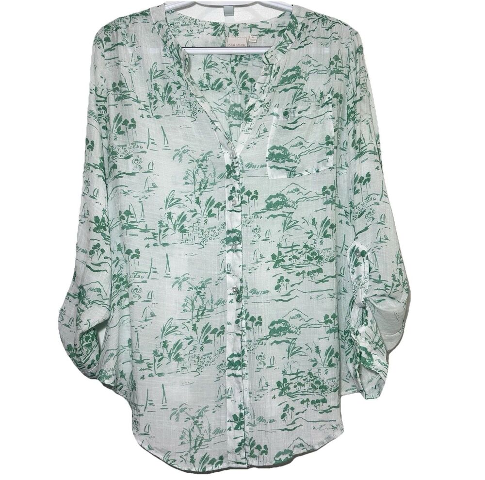Zac & Rachel M Green White Toile Print Blouse Rayon Roll Tab Sleeve High Low Top